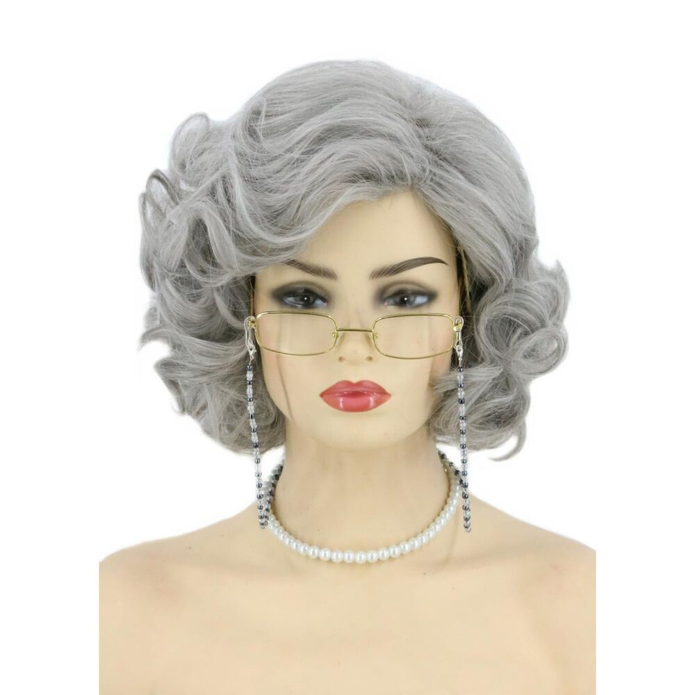 Topcosplay Old Lady Wig 5pc Set Grey Granny Grandma Costume Halloween Wig